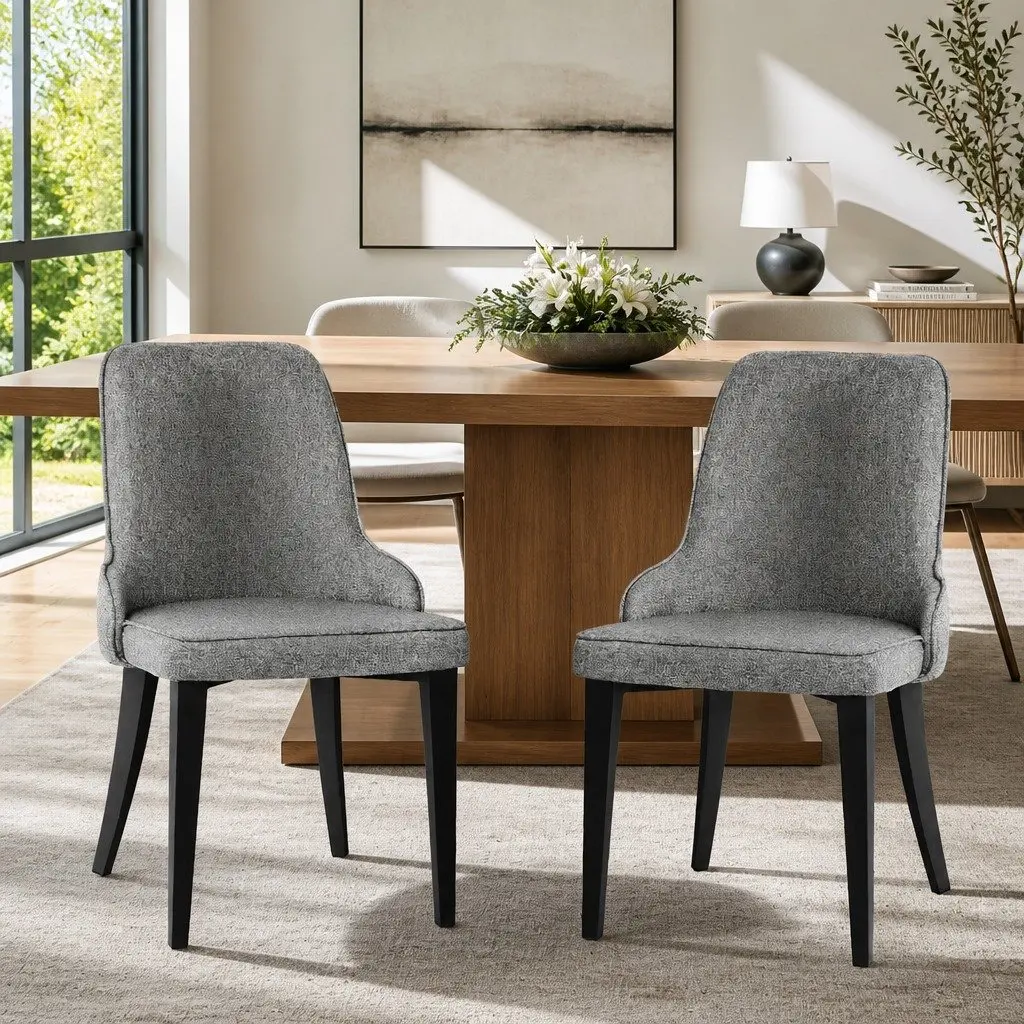 Dining Chairs High Back Grey Fabric Cushion Steel Legs 2 Piece