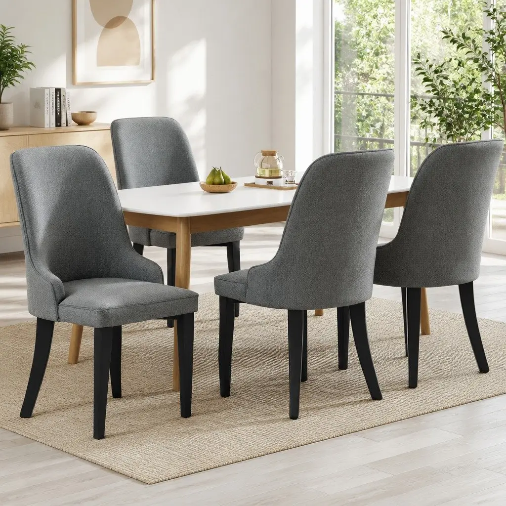 Dining Chairs Set of 4 Grey Linen Fabric High Back Kitchen Seat Cushioned