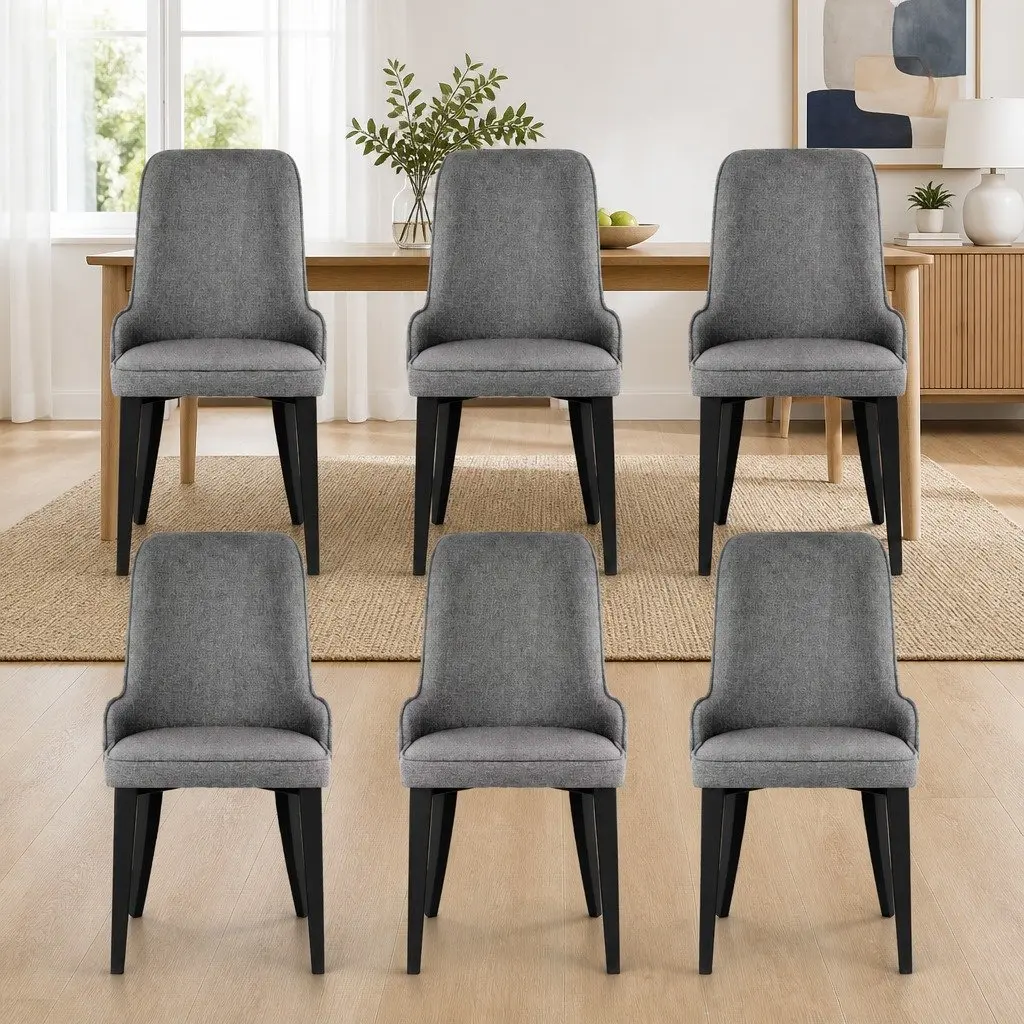 Dining Chairs Set of 6 Grey Linen Fabric High Back Kitchen Seating Steel Legs