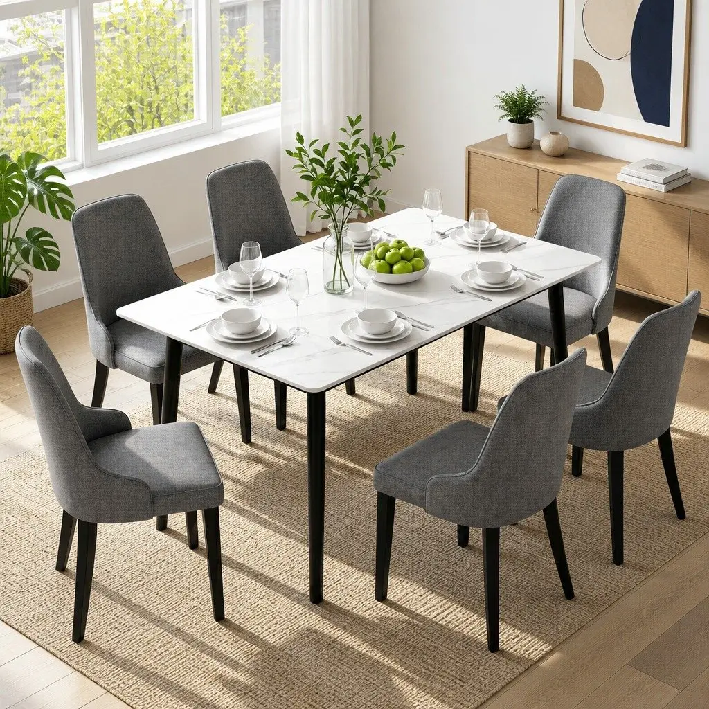 Dining Chairs Set of 6 Grey Linen Fabric High Back Kitchen Seating Steel Legs