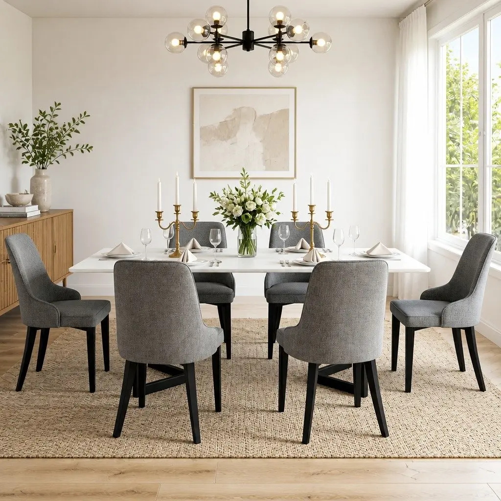 Dining Chairs Set of 6 Grey Linen Fabric High Back Kitchen Seating Steel Legs