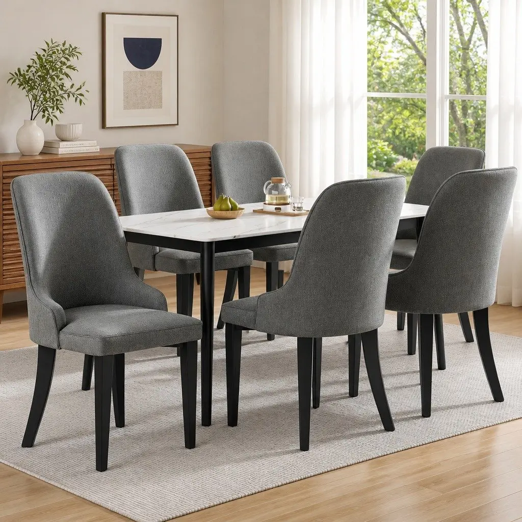Dining Chairs Set of 6 Grey Linen Fabric High Back Kitchen Seating Steel Legs