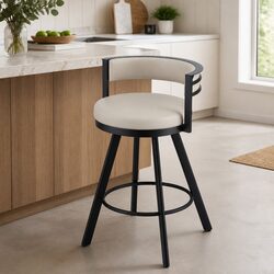Bar Stool Swivel Chair Kitchen Counter Beige PU Leather Padded Backrest Metal