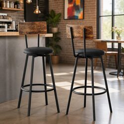 Industrial Bar Stools Set of 2 Upholstered Counter Chairs Steel Frame Anti-Slip