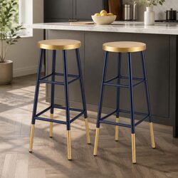 Bar Stools Set of 2 Gold Navy Metal Modern Two-Tone Design Round Seat Kitchen
