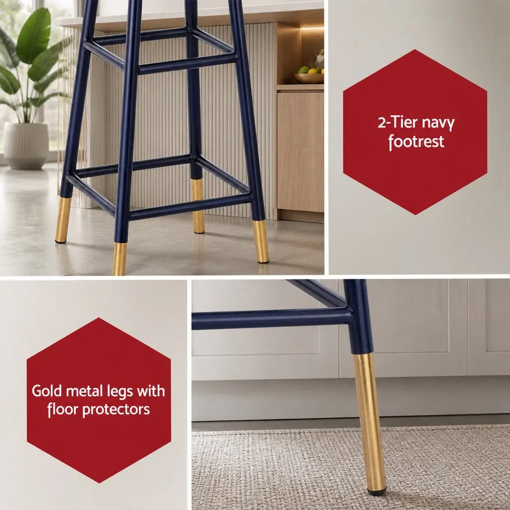 Bar Stools Set of 4 Metal Two-Tone Navy Gold 76cm Modern Kitchen Dining Chair