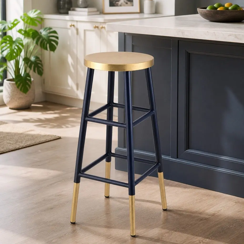 Bar Stools Metal Navy Gold Two-Tone Round Seat Kitchen Dining Chair Set