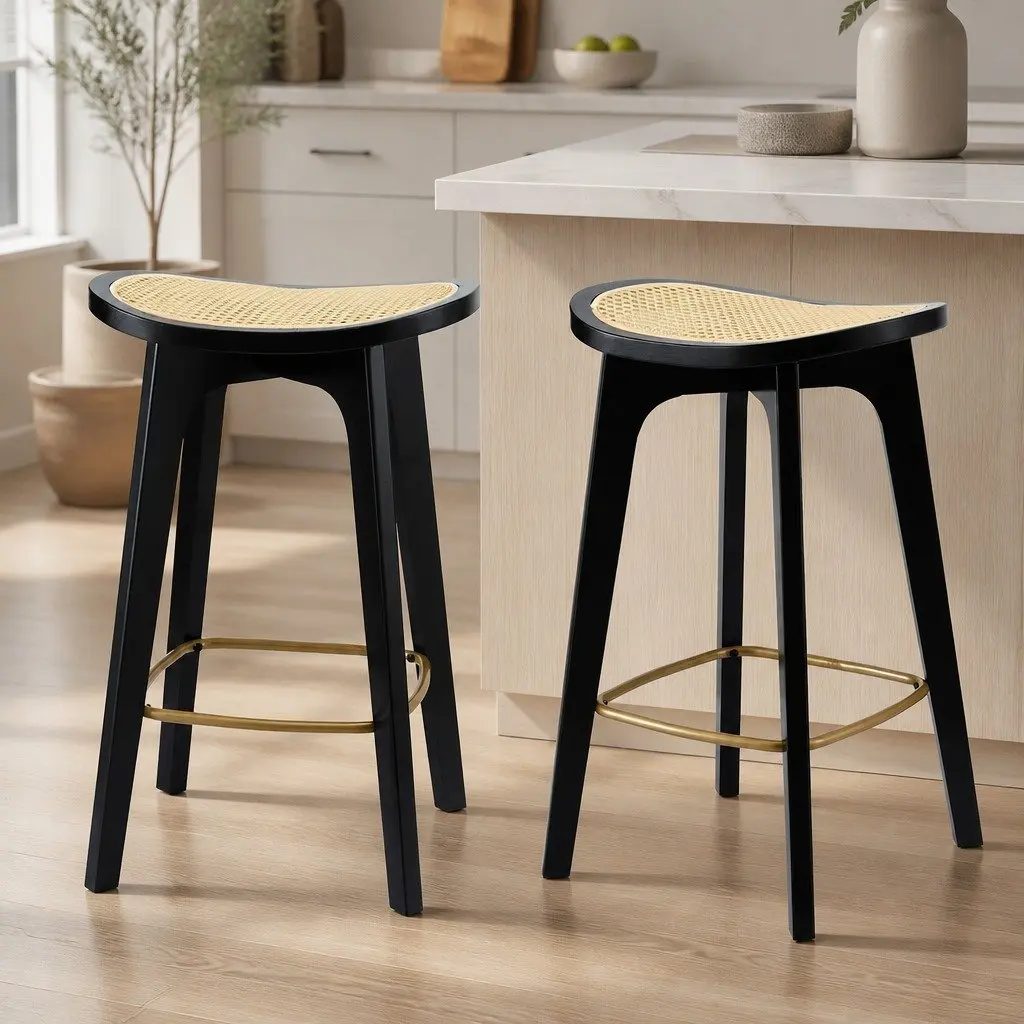 Bar Stools Set of 2 Rattan Woven Seat Backless Kitchen Counter Dining Chair