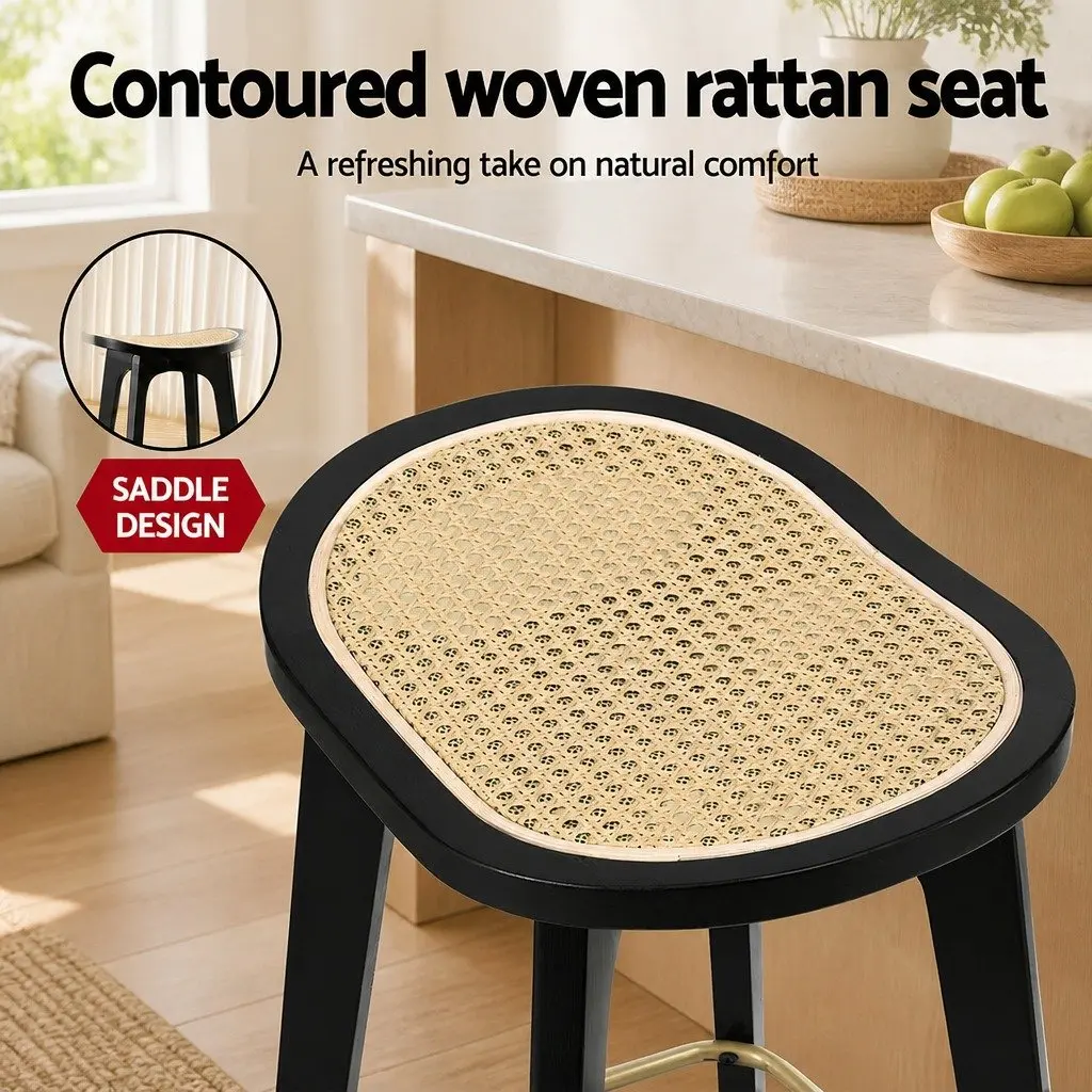Bar Stools Backless Woven Rattan Seat Bamboo Frame Black 67cm Set of 2