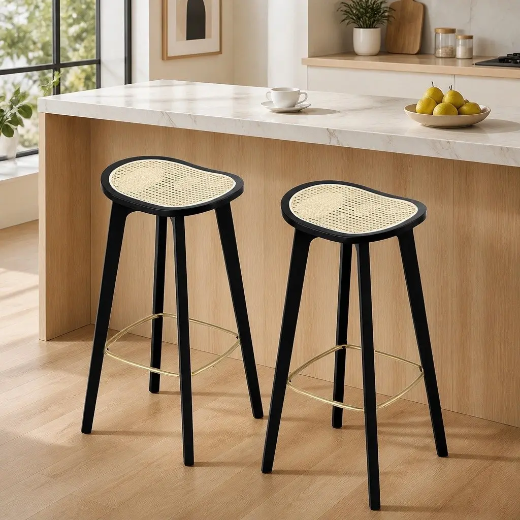 Bar Stools Backless Woven Rattan Seat Bamboo Frame Black 67cm Set of 2
