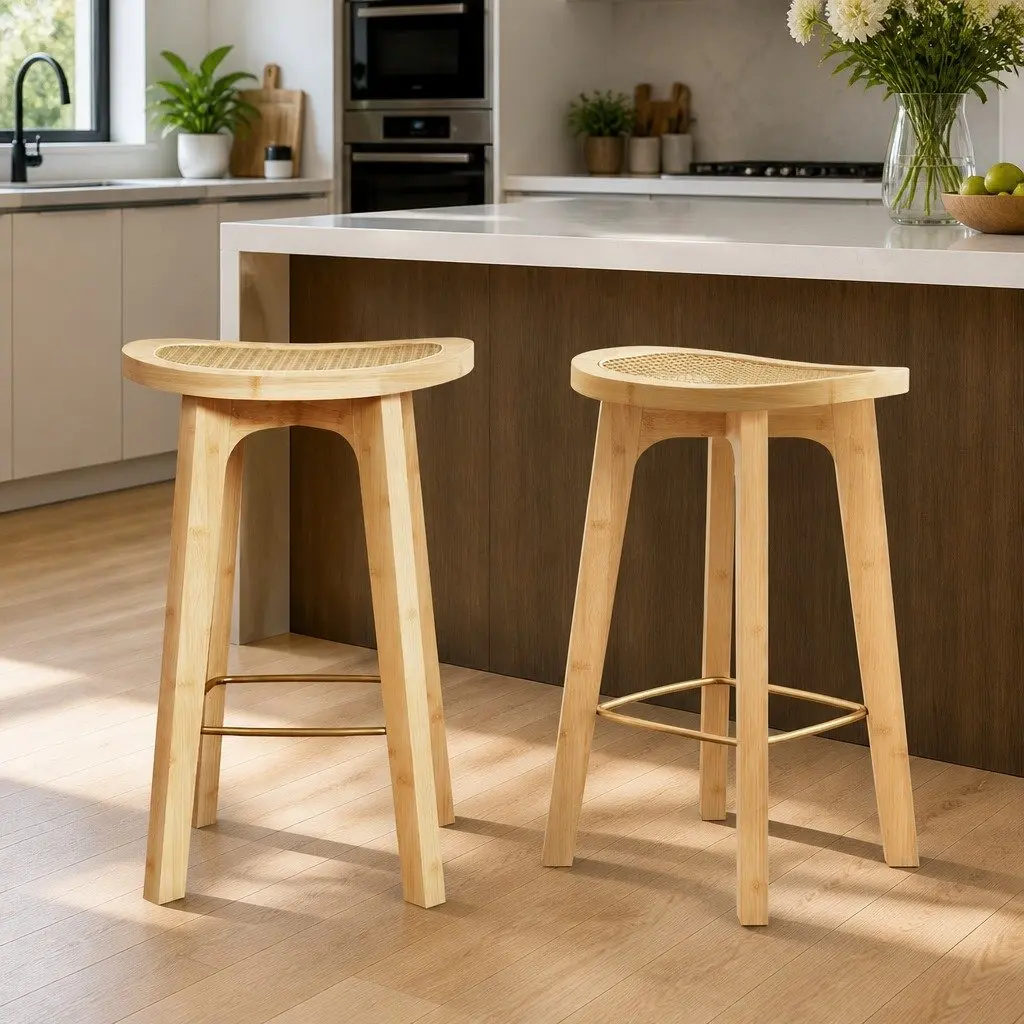 Bar Stools Set of 2 Rattan Seat Kitchen Counter Height Dining Chairs Oak