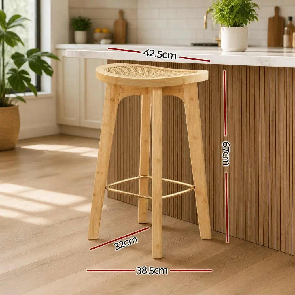 Bar Stools Set of 2 Rattan Seat Kitchen Counter Height Dining Chairs Oak