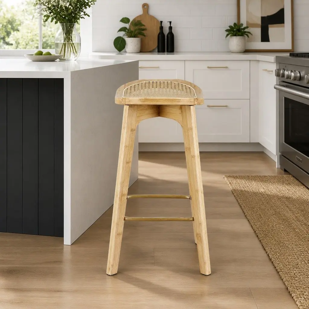 Bar Stools Set of 2 Rattan Seat Kitchen Counter Height Dining Chairs Oak