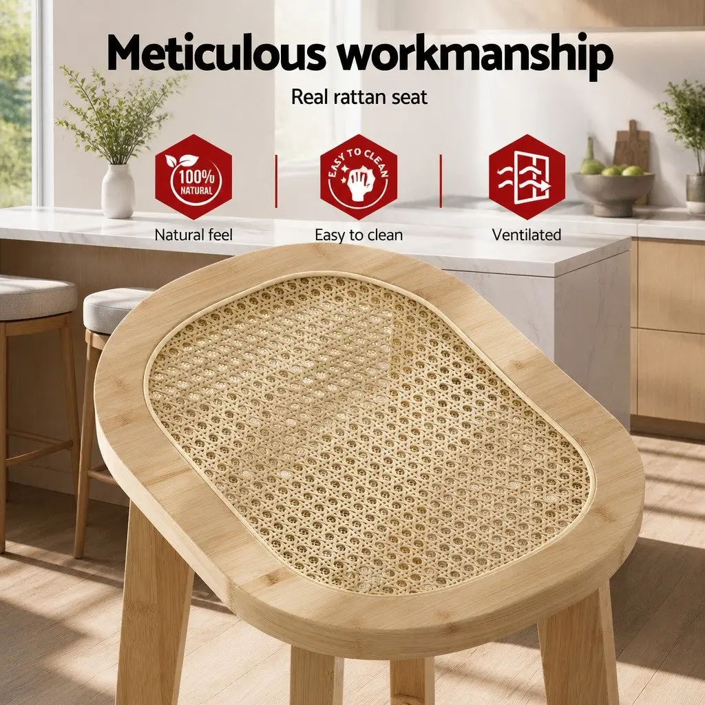 Bar Stools Set of 2 Rattan Seat Kitchen Counter Height Dining Chairs Oak