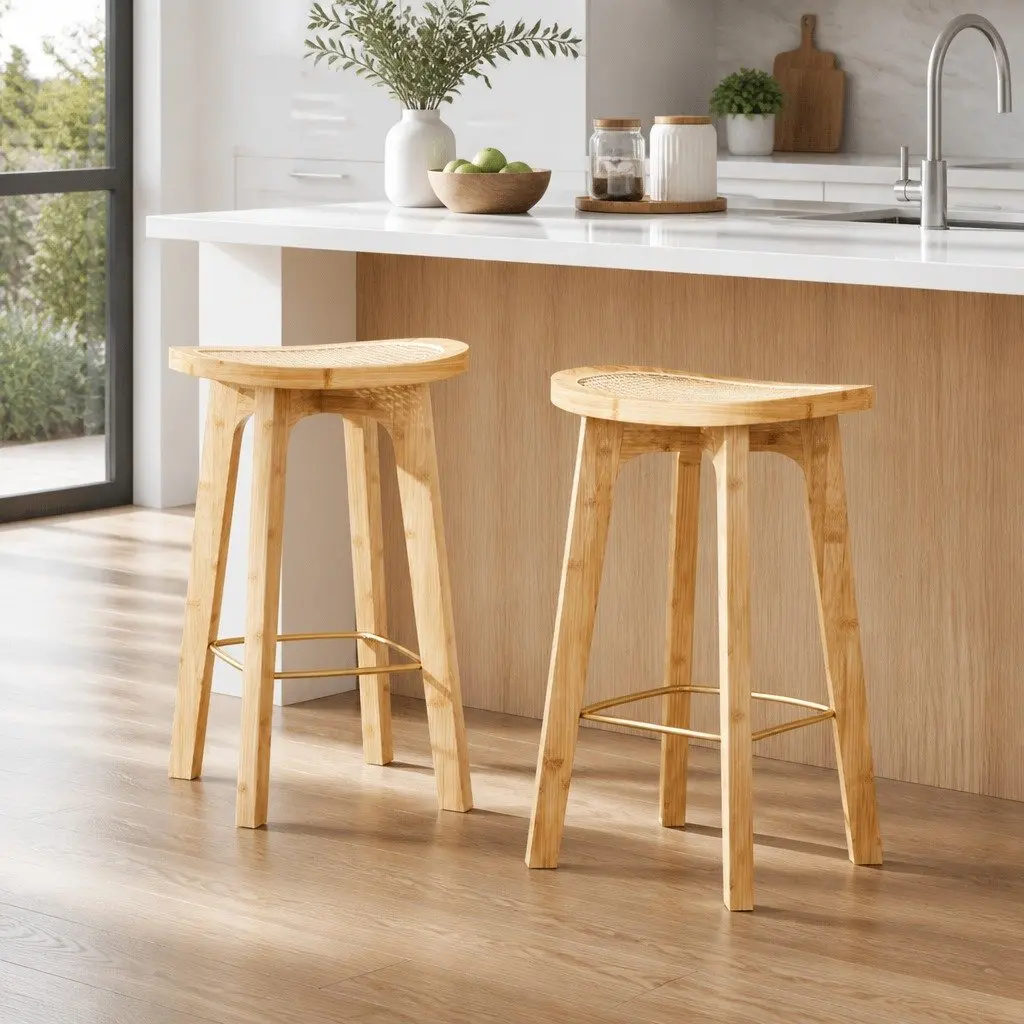 Bar Stools Set of 2 Rattan Seat Kitchen Counter Height Dining Chairs Oak