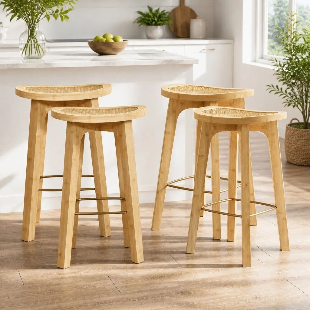 Bar Stools Set of 4 Bamboo Rattan Counter Kitchen Chair Dining Seat