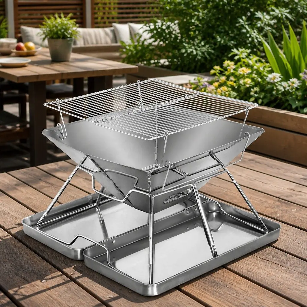 Folding Charcoal BBQ Grill 2-in-1 Portable Fire Pit Compact Silver