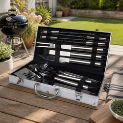 10Pc BBQ Tool Set Stainless Steel Spatula Tongs Knife Fork Skewer Aluminium Case