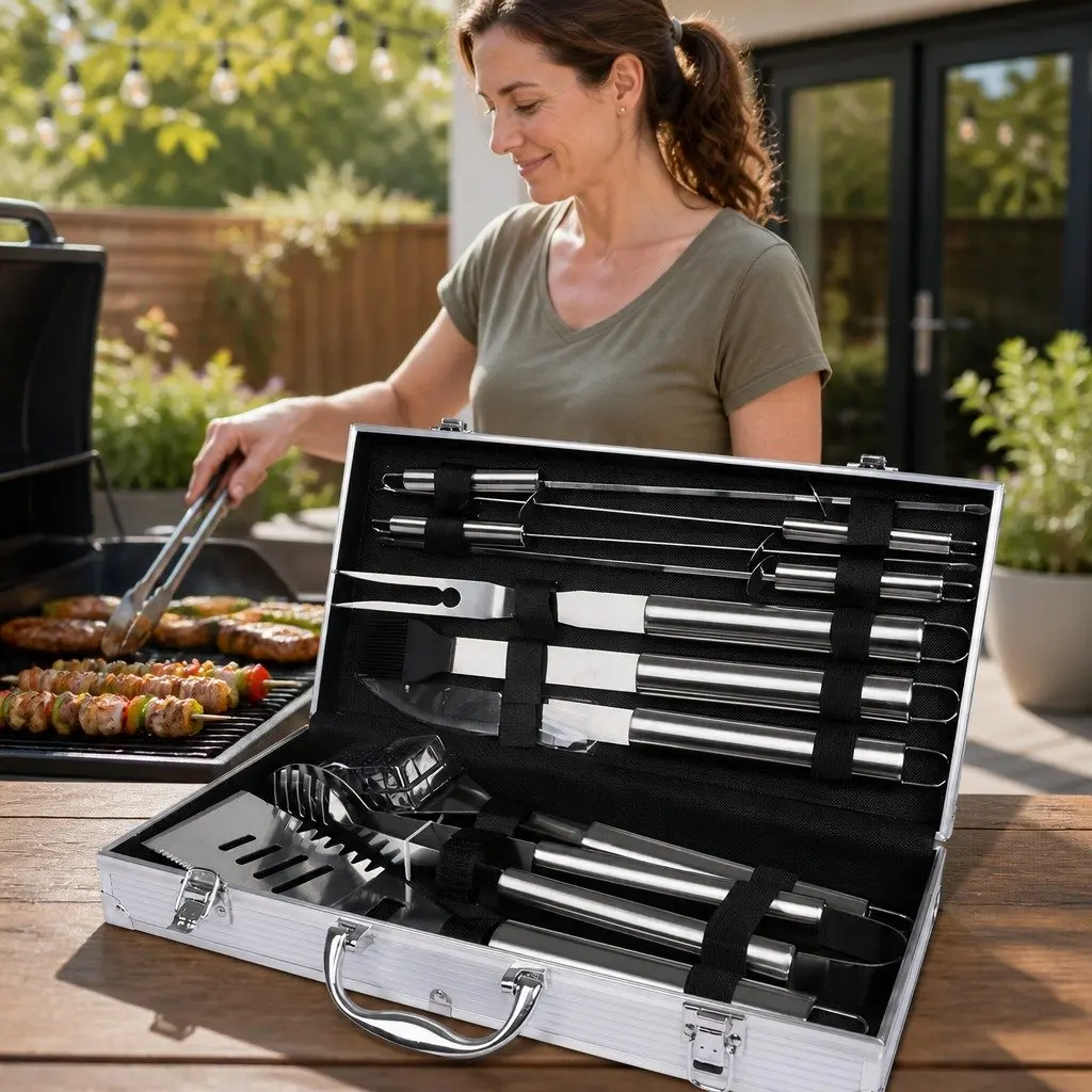 10 Piece BBQ Tool Set Stainless Steel Grilling Tools Portable Aluminium Case