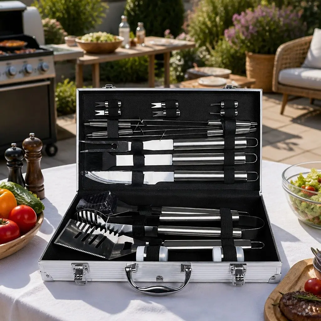BBQ Tool Set 18 Piece Stainless Steel Grilling Accessories Aluminium Carry Case