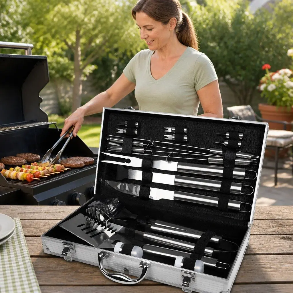 BBQ Tool Set 18 Piece Stainless Steel Grilling Accessories Aluminium Carry Case