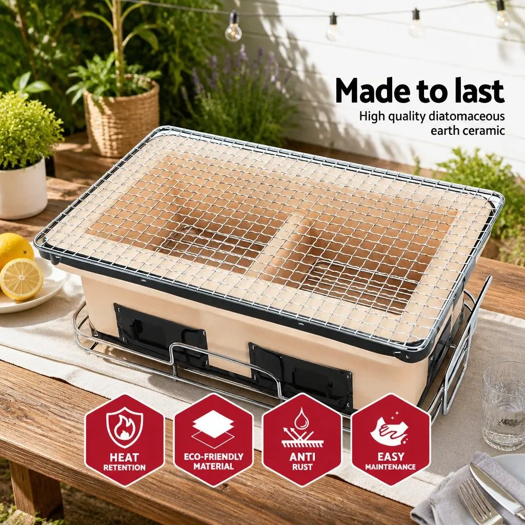 Ceramic Hibachi BBQ Grill Portable Japanese Style Tabletop Charcoal Smoker Natural Colour