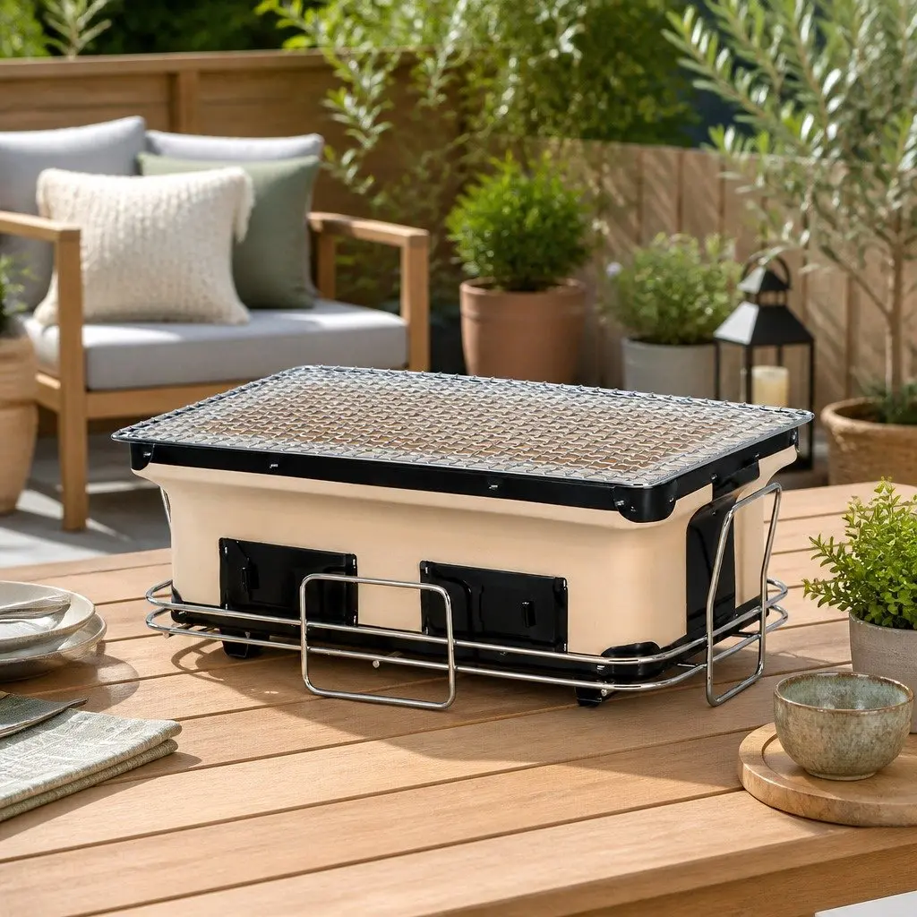 Ceramic Hibachi BBQ Grill Portable Japanese Style Tabletop Charcoal Smoker Natural Colour