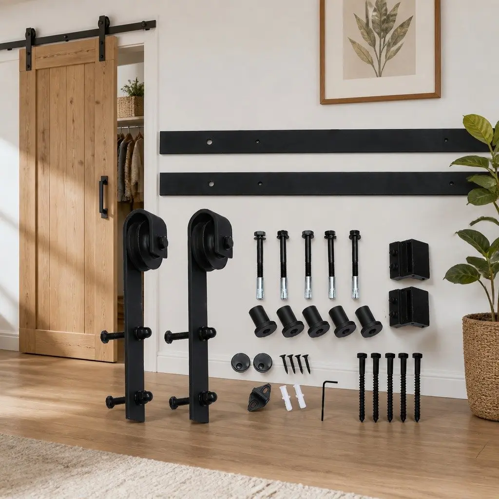 1.83M Sliding Barn Door Track Kit Single Door Hardware Set Black Powder Coat