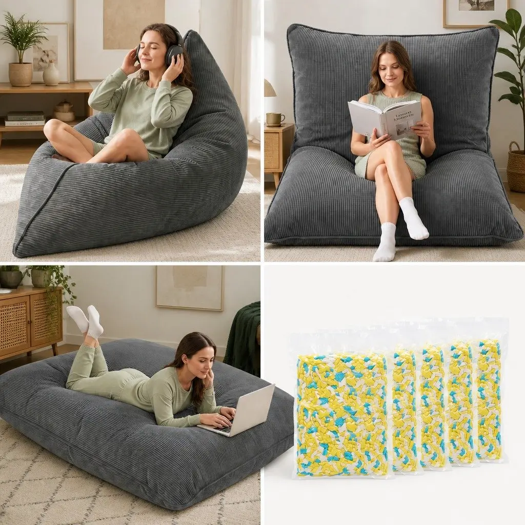 3 in 1 Convertible Bean Bag Chair Floor Cushion Sofa Grey Corduroy Cover Memory Foam
