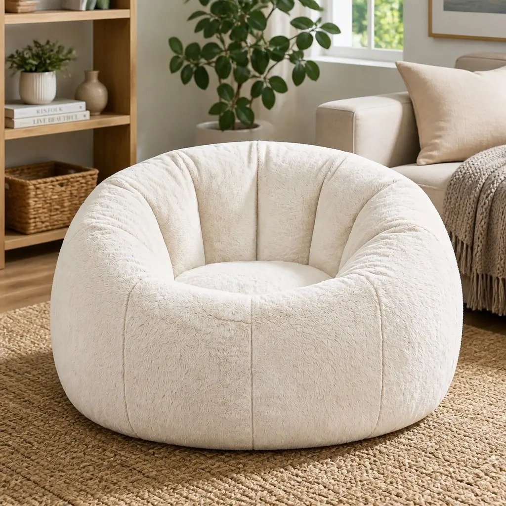 Bean Bag Chair Cover Large Round Faux Fur Soft Washable Beige