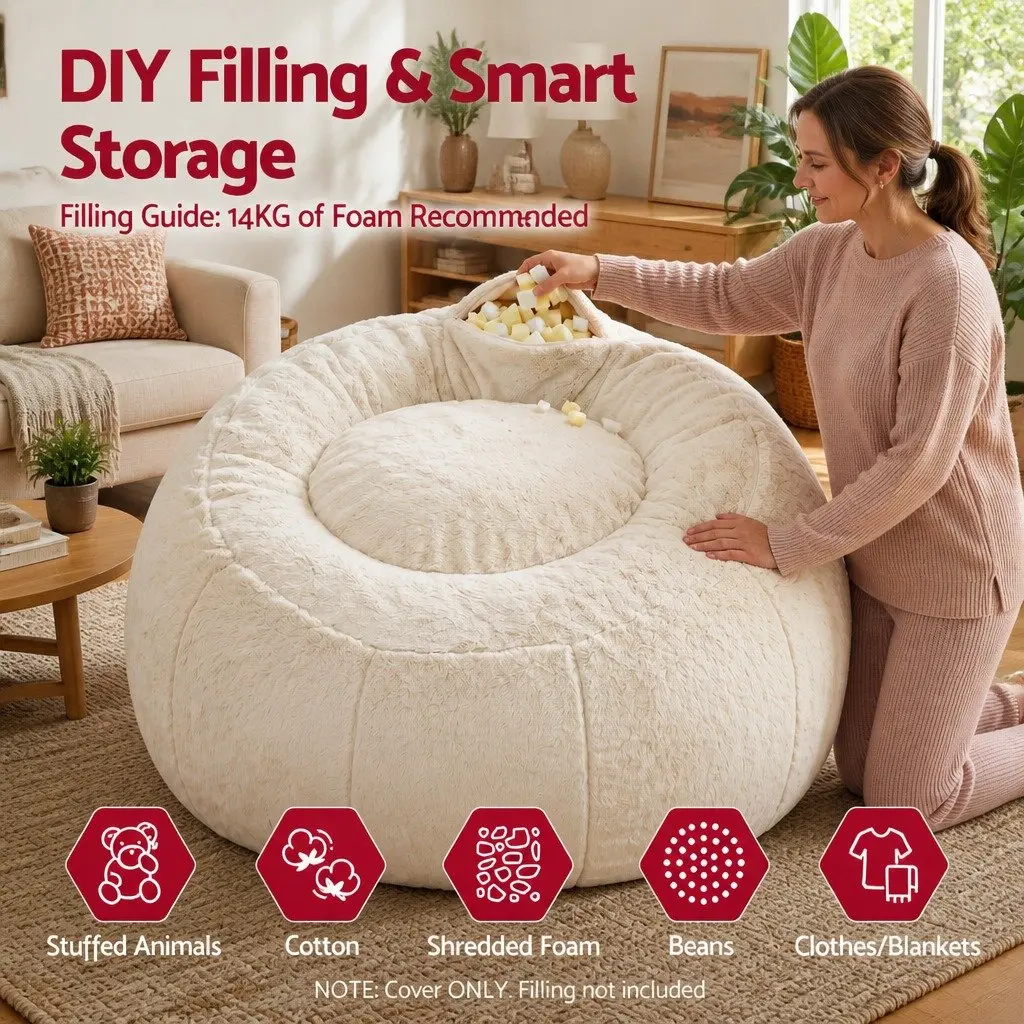 Bean Bag Chair Cover Large Round Faux Fur Soft Washable Beige