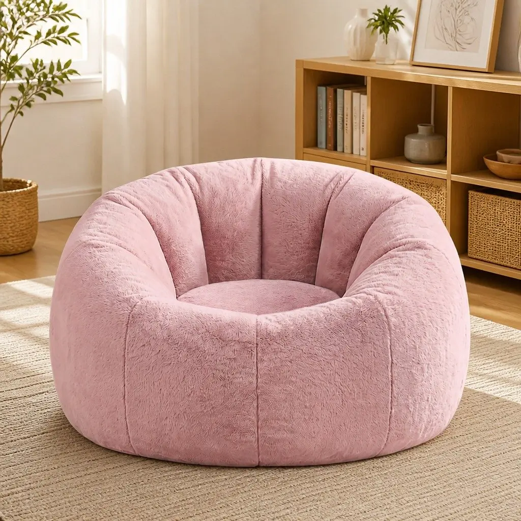 Bean Bag Chair Cover Large Round Faux Fur Washable Pink