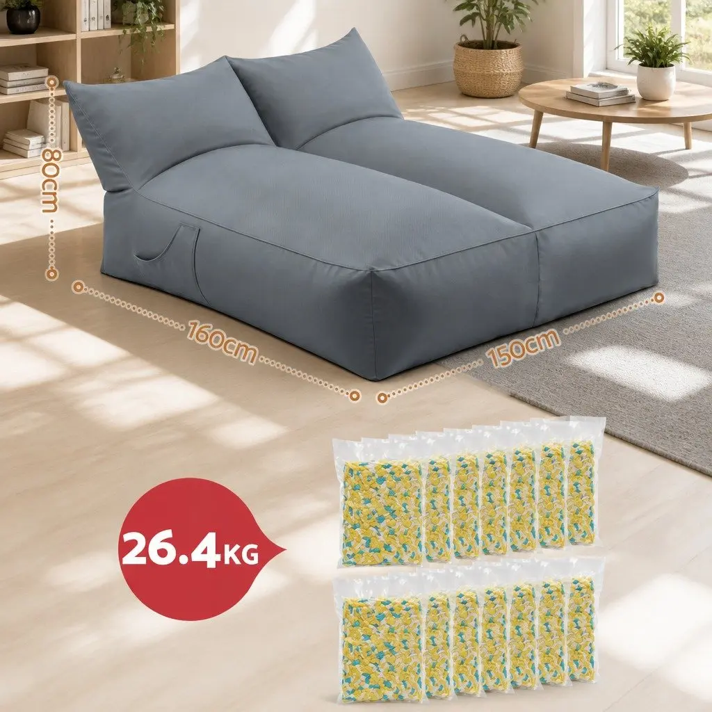 Bean Bag Chair L-Shape 2 Seater Memory Foam Grey Indoor Outdoor