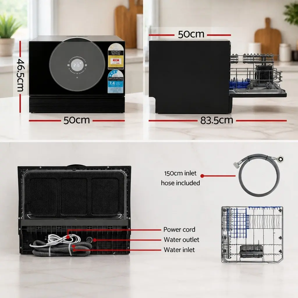 Benchtop Dishwasher 6 Place Setting 50cm Black Freestanding Built-in Kitchen