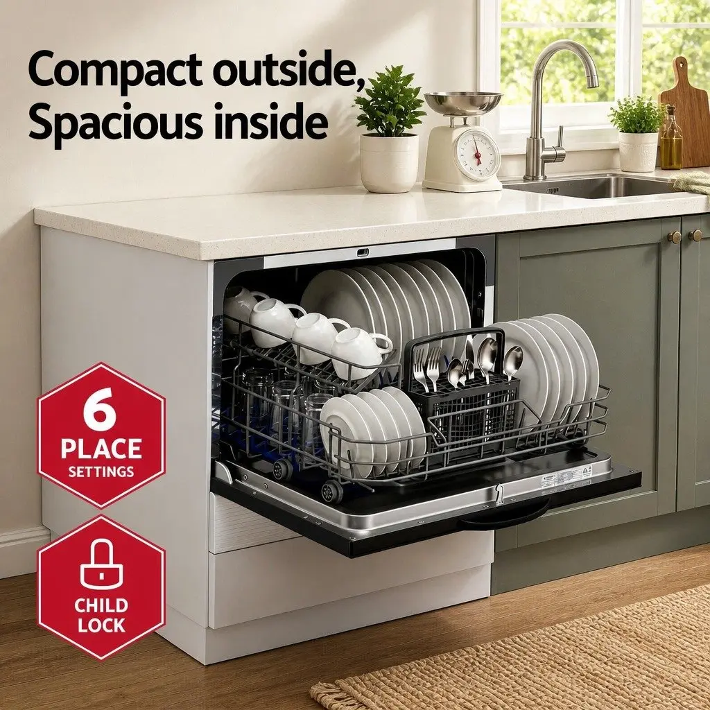 Benchtop Dishwasher 6 Place Setting 50cm Black Freestanding Built-in Kitchen
