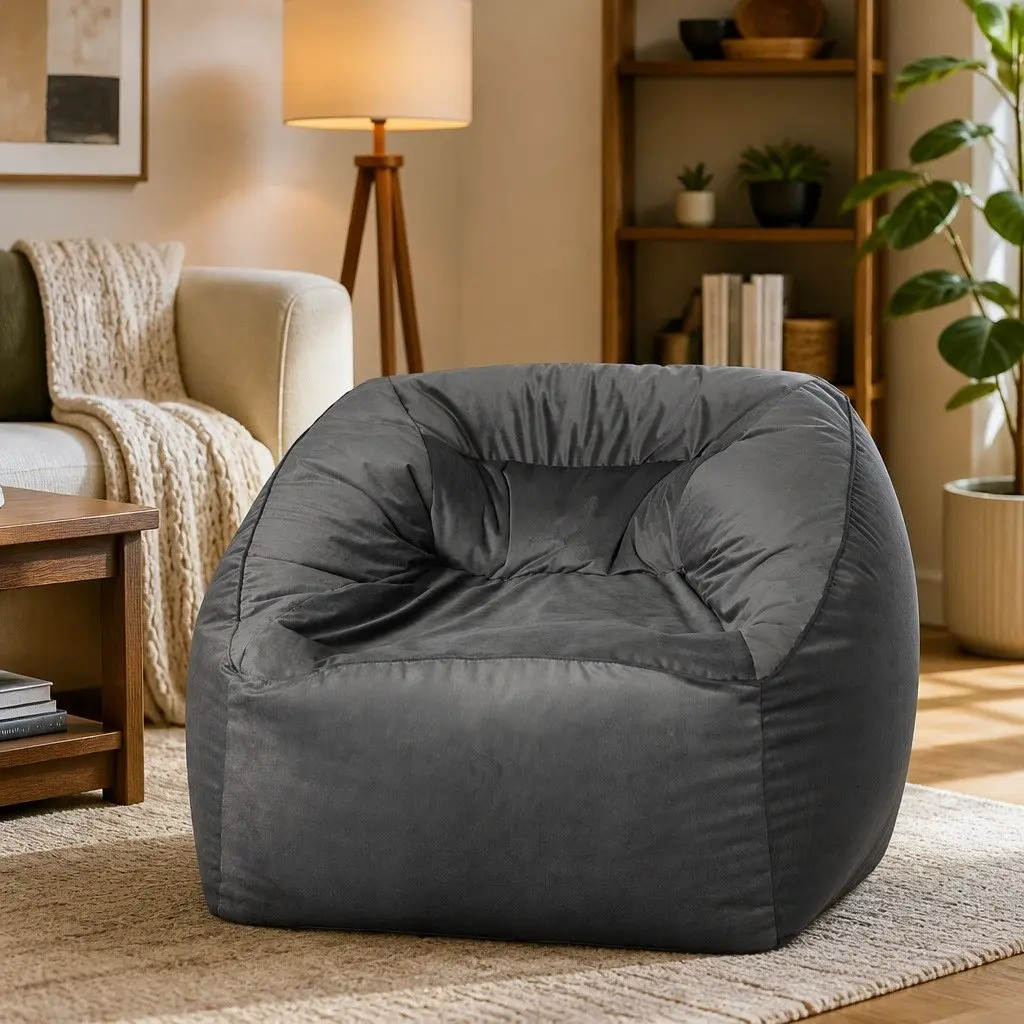 Bean Bag Chair Cover Soft Velvet Dark Grey 100x100x80cm Easy Fill Zipper