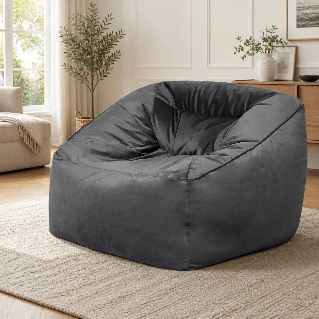 Bean Bag Chair Cover Soft Velvet Dark Grey 100x100x80cm Easy Fill Zipper