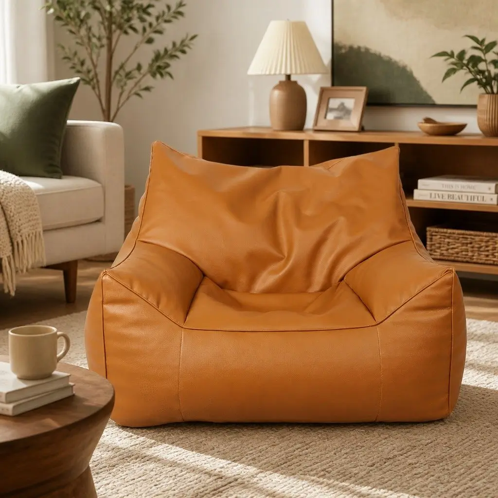 Bean Bag Chair Cover Easy Fill Zipper Distressed PU Leather Indoor Brown