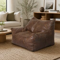 Bean Bag Chair Cover PU Leather Indoor Dark Brown Zipper Easy Clean Portable