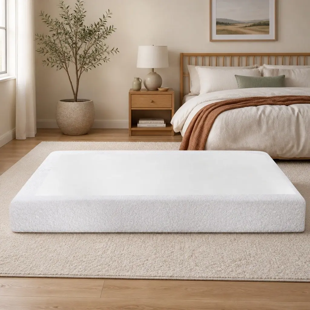 Compression Bed Frame High Density Sponge Double Size White Boucle Texture