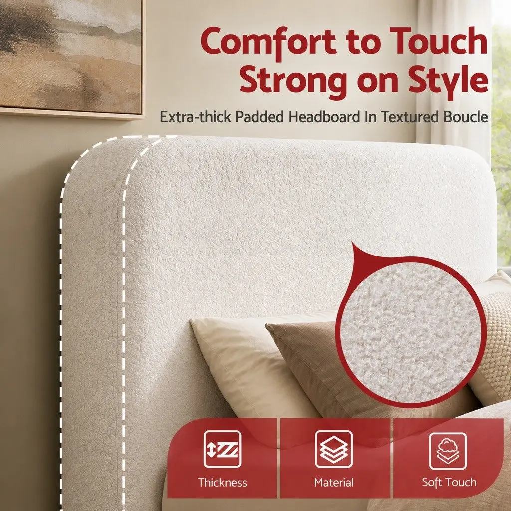 Queen Headboard Bed Frame Boucle Fabric No-Assembly Vacuum Compressed Soft