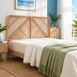 Queen Bed Headboard Rattan Natural Pine Bedroom Round Edge Rustic Boho