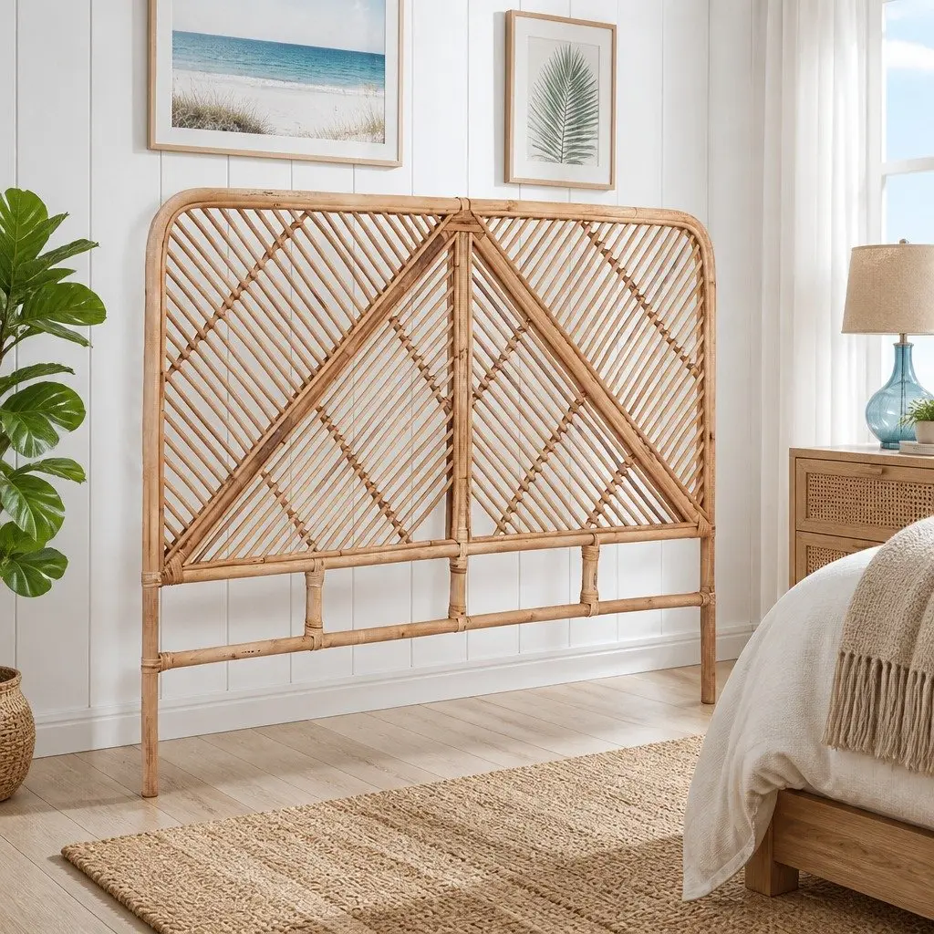 Queen Bed Headboard Rattan Natural Pine Round Edge Rustic Boho