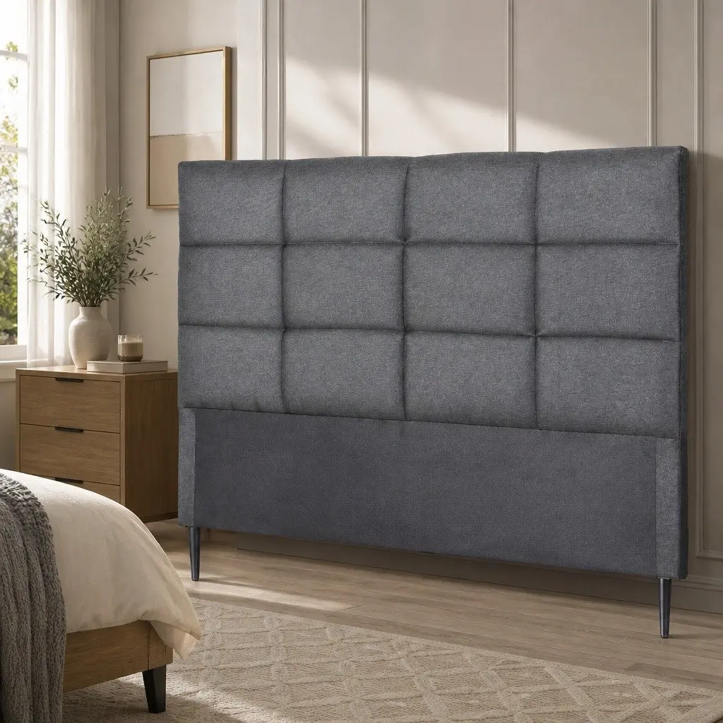 Double Bed Headboard Linen Fabric Grid Tufted Pattern Charcoal 137cm