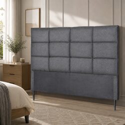 Double Bed Headboard Linen Fabric Grid Tufted Pattern Charcoal 137cm