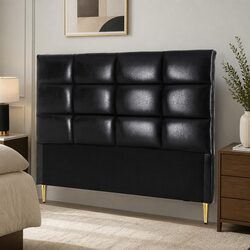 Queen Bed Headboard PU Leather Black Grid Tufted Padded Bedroom Headrest