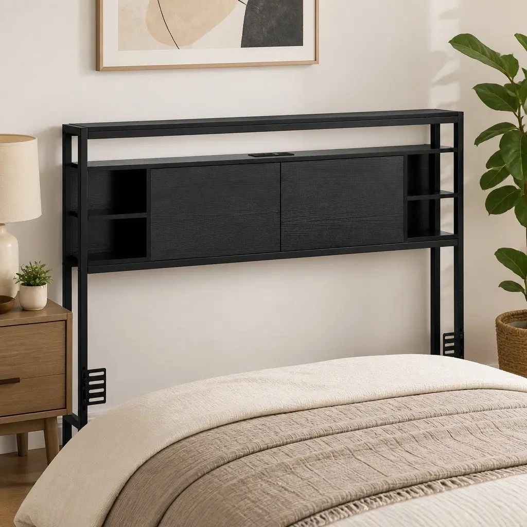 Queen Bed Headboard Storage with Charging Station Open Shelves Black