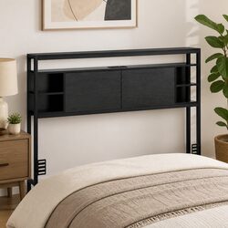 Queen Bed Headboard Storage with Charging Station Open Shelves Black