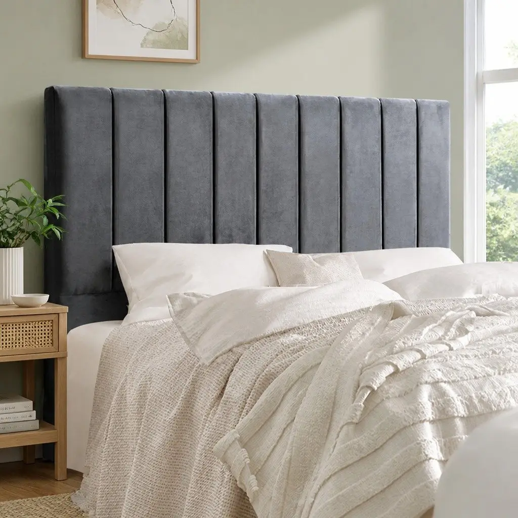 Double Bed Head Velvet Headboard Grey Bedroom Upholstered Vertical Panel