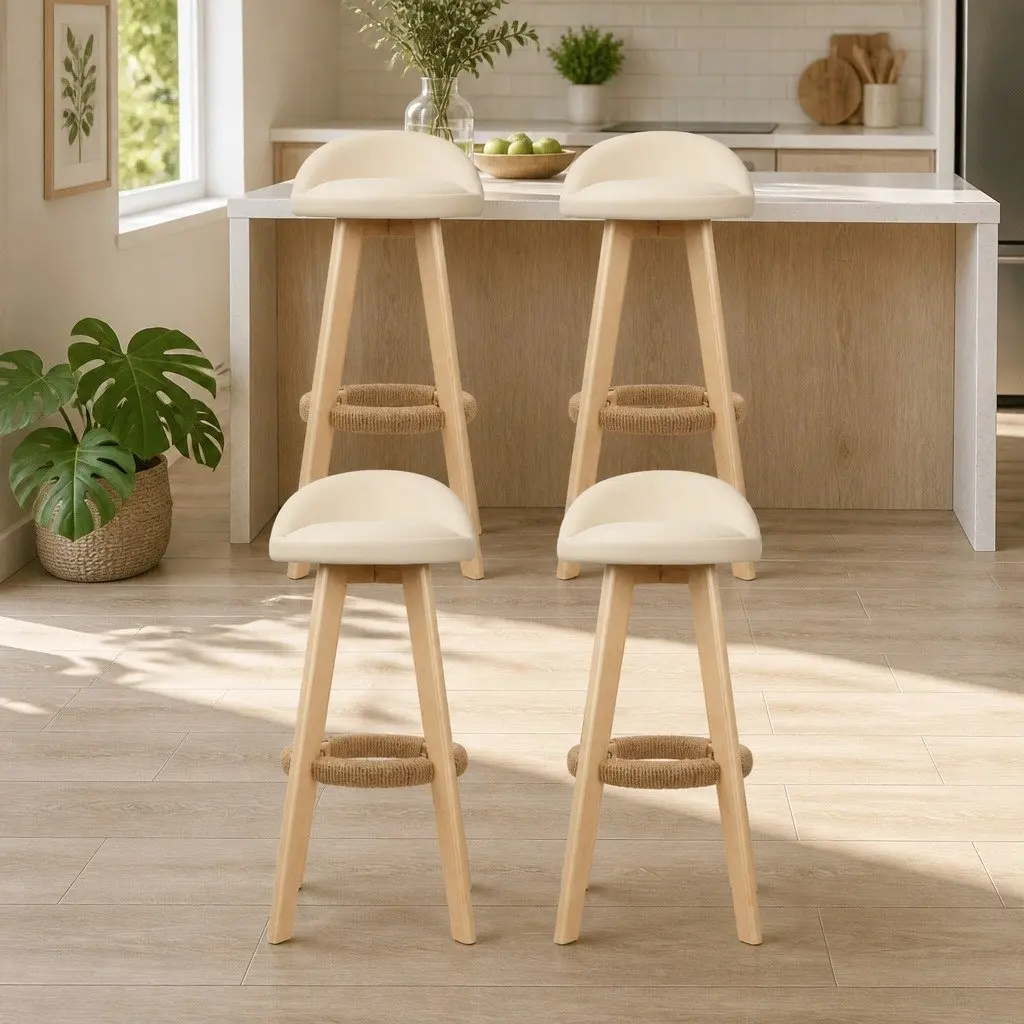 Bar Stools Padded Seat Wooden Frame 69cm Beige Set of 4